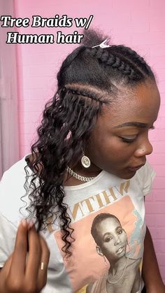 Braids With Human Hair Black Women, Tree Braids Human Hair, Feed In Two Braids, Natural Hairstyles Updos For Black Women, Treebraids With Human Hair, Tree Braids With Human Hair, Braided Up Do For Black Women, Crotchet Braids Pattern Hair, Braid Down Pattern For Crochet Braids