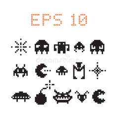 an old school computer game pixel style icon set, with the letters p o n and numbers