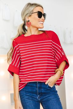 Cuffed Stripe Sweater, Red - New Arrivals - The Blue Door Boutique Blue Door, Cuff Sleeves, Red Sweaters, Stripe Sweater, Boutique Clothing, Cute Dresses, New Color, Cuff, Red