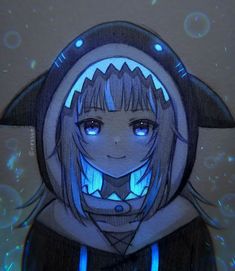 a drawing of a girl with blue eyes wearing a hooded jacket and hoodie over her head