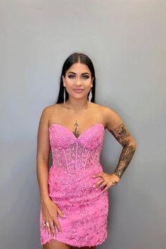 2023 strapless hot pink lace corset tight homecoming dress party dress #homecomingdress #partydress Pink Lace Corset Dress With Fitted Bodice, Pink Lace Corset Dress With Corset Back, Pink Lace Corset Dress For Prom, Pink Corset Dress For Gala And Prom, Pink Corset Dress For Gala And Prom Season, Lace Strapless Dress With Fitted Bodice For Homecoming, Pink Corset Dress With Sweetheart Neckline For Gala, Pink Corset Dress With Sheer Bodice, Pink Corset Dress With Sheer Bodice For Prom