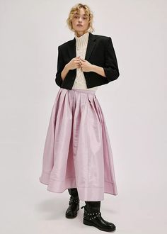 A true party staple, this special stunning skirt will turn heads with every wear. An essential piece to dress up or down, pair this with a silky cami or chunky sweater for endless ways to wear. High-rise, full A-line silhouette. Sheen finish. Pleating at top. Finished hem. Invisible zip closure. Poplin fabrication. 50% Nylon 50% Polyester. Model is wearing a size S. Mens Wardrobe Essentials, Womens Going Out Tops, Holiday Dresses Women, Denim Sweatshirt, Maxi Jumpsuit, Rush Dresses, Pullover Cardigan, Plum Blossom, Midi Maxi Dress