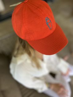 Blue shaker embroidered orang linen cap Casual Orange Hat With Embroidered Logo, Sporty Adjustable Orange Hat, Orange Cotton Hat With Curved Brim, Orange Cotton Baseball Cap, Casual Orange Cotton Baseball Cap, Casual Orange Baseball Cap With Curved Brim, Casual Orange Adjustable Baseball Cap, Casual Orange Cap, Orange Adjustable Curved Brim Baseball Cap