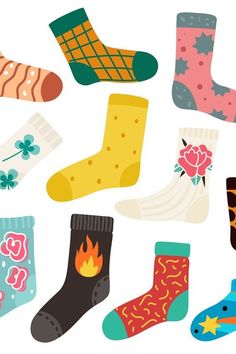 a bunch of socks that are on top of each other in different colors and patterns