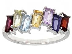 Baguette .23ct Raspberry Rhodolite, .22ct Glacier Topaz™, .20ct Vermelho Garnet™, .18ct Lemon Quartz, .18ct Brazilian Citrine, .18ct Lavender Amethyst and .17ct Iolite Rhodium Over Sterling Silver Ring. Measures approximately .78"L x .36"W. Not sizeable. Multi-stone Baguette Cut Fine Jewelry, Fine Jewelry Multi-stone Baguette Cut, Multi-stone Baguette Cut Fine Jewelry Rings, Multicolor Multi-stone Emerald Cut Rings, Multicolor Emerald Cut Multi-stone Rings, Multicolor Emerald Cut Gemstone Rings, Multicolor Gemstone Rings With Baguette Cut, Multicolor Gemstone Baguette Cut Rings, Multicolor Baguette Cut Gemstone Rings