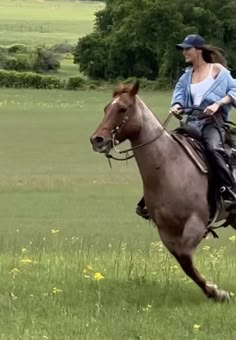 a woman riding on the back of a brown horse across a lush green field covered in wildflowers