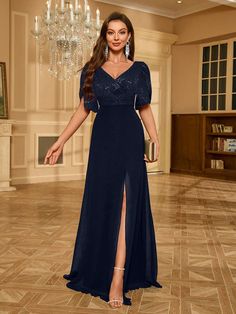 Women's V-Neck Petal Sleeve Sequin Patchwork Chiffon Party Dress, Elegant Formal Evening Prom Gown, For Wedding Guest, Graduation, Dinner Navy Blue Party  Short Sleeve Chiffon Colorblock,Plain A Line Non-Stretch  Weddings & Events, size features are:Bust: ,Length: ,Sleeve Length: Gown For Wedding Guest, Gown For Wedding, Navy Blue Party, Party Dress Elegant, Graduation Dinner, Wedding Guest Gowns, Chiffon Party Dress, 파티 드레스, Petal Sleeve