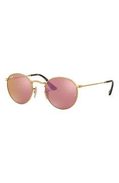 Round, retro-chic frames style eye-catching sunglasses that serve as an eclectic addition to your everyday style. 50mm lens width; 21mm bridge width; 145mm temple length. 100% UV protection. Metal/crystal lens. By Ray-Ban; made in Italy. Pink Round Frame Polarized Sunglasses, Modern Pink Sunglasses With Gradient Lenses, Pink Sunglasses With Mirrored Lenses And Round Frame, Classic Pink Sunglasses With Mirrored Lenses, Pink Round Frame Sunglasses With Mirrored Lenses, Modern Pink Sunglasses With Tinted Lenses, Pink Round Frame Sunglasses For Spring, Modern Pink Mirrored Aviator Sunglasses, Modern Pink Aviator Sunglasses With Uv Protection