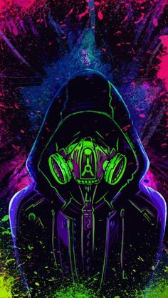 a man in a gas mask with headphones on and neon paint splatters around him