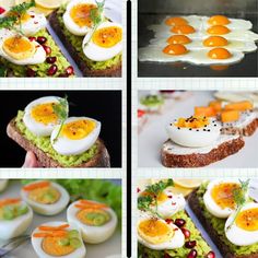 there are many pictures of eggs on bread