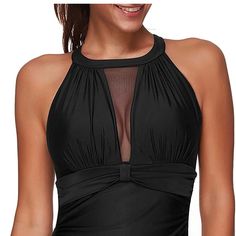 Brand New With Tags Tempt Me Women One Piece Swimsuit High Neck Plunge Mesh Ruched Monokini Swimwear Color Black Size M Elegant Halter Top For Beach Season Swimming, Elegant Halter Top For Beach Season, Solid Halter Neck Swim Dress For Party, Halter Neck Swim Dress For Party, Backless Tankini For Party, Lined Halter Top For Swimming, Elegant Black Swimwear For Beach Party, Lined Body Halter Top For Swimming, Fitted Black Halter Top For Beach Party