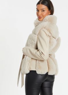 This belted jacket features a faux fur texture with contrast panels and a high neck design. Ideal for casual wear, it provides warmth and comfort during autumn and winter. Wash Label, Fur Texture, Petite Jumpsuit, High Neck Designs, Petite Coat, Tall Clothing, Belted Jacket, Cold Weather Outfits, Tshirt Skirt