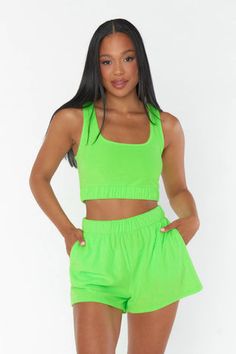 These easy neon terry shorts have a flattering high waist and flowy fit making them super easy to throw on, tuck in your fave tee, or pair with the matching Spano Pullover! Sporty Tops With Built-in Shorts For Day Out, Hangout Fest, Cozy Pjs, Neon Shorts, Rainbow Outfit, Cozy Lounge, Ruffle Shorts, Shopping Day, Cute Simple Outfits