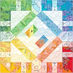 a quilt pattern with different colors and patterns on it, including the letter s in white