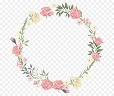 a floral wreath frame with pink roses and green leaves