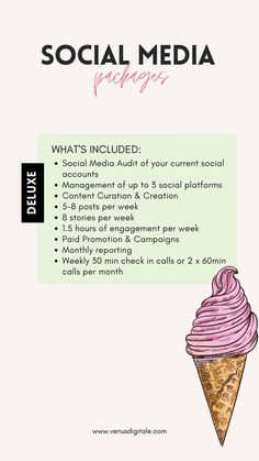 an ice cream cone with pink icing on top and the words social media pages below it