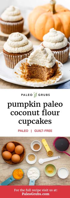 pumpkin paleo coconut flour cupcakes on a plate with the title overlay