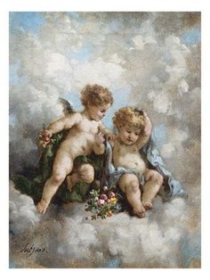 two cherubs are sitting on the cloud with flowers