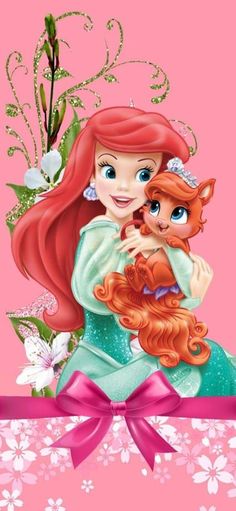 the little mermaid is hugging her mother's face with pink flowers in the background