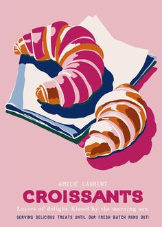 an advertisement for croissants is shown on a pink background