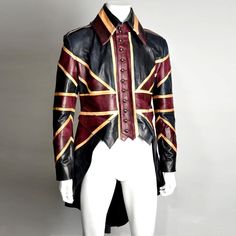 The Iconic Union Jack tailcoat -London's most infamous leather costume design company -All sizes available ranging from XXS-2XL -Has been purchased as an art piece by customers from across the world -Loved & worn by rock starts & celebrities internationally  -One of a kind piece -Made in London -Tailored to perfection -Made from the finest lamb skins -A combination of Military & Victorian influence -Lined in silk satin in Union Flag design -Made to measure/bespoke available -Fastening: Button -1 Theatre Costume Design, Leather Dress Coat, Venetian Costume, Leather Costume, Steampunk Jacket, Union Flag, Theatre Costumes, Mens Leather, Union Jack