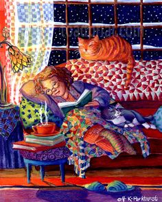 a painting of a woman reading in bed with two cats on the window sill