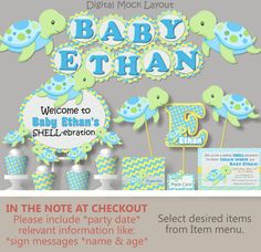 baby ethan's turtle theme is shown in blue and green