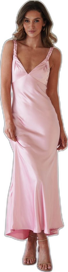 Pink Floor-length Satin Dress, Satin Maxi Dress For Spring, Pink V-neck Midi Dress With Bias Cut, Pink Bias Cut Midi Dress With V-neck, Summer Satin Maxi Dress With Spaghetti Straps, Satin Finish V-neck Maxi Dress, Pink Bias Cut Maxi Length Slip Dress, Pink Bias Cut Maxi Slip Dress, Pink Midi-length Bias Cut Slip Dress