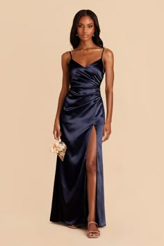 Asymmetrical ruching brings the red carpet energy to this stunning satin bridesmaid dress. Catherine is equal parts blushing bridesmaid and knockout Bond Girl. | Navy Bridesmaid Dress Shiny Satin Size 1X | Birdy Grey Catherine Cowl Neck Bridesmaid Dress, Midnight Blue Bridesmaid Dresses, Dark Blue Bridesmaid Dresses, Navy Bridesmaid Dress, Modern Mermaid, Silk Bridesmaid Dresses, Midnight Blue Dress, Navy Blue Bridesmaids, Dark Navy Bridesmaid Dresses