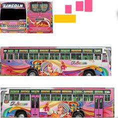 the bus is painted with different colors and designs on it's front, side, and back sides