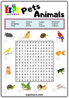 an animal word search is shown in this printable puzzle game for kids and adults