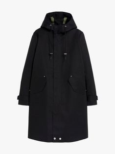 GRANISH hooded raincoat from MACKINTOSH featuring black, cotton, drawstring hood, front press-stud and zip fastening, long sleeves, belted cuffs, two side flap pockets, central rear vent, knee-length and straight hem. Black Cotton Outerwear With Detachable Hood, Black Gabardine Outerwear For Fall, Black Gabardine Long Coat, Modern Black Outerwear With Drawstring Hood, Cotton Parka With Detachable Hood, Black Cotton Parka With Detachable Hood, Black Parka For Workwear In Fall, Black Winter Parka With Side Pockets, Black Double-lined Hooded Outerwear For Work