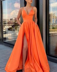 Orange Evening Dresses, Prom Dress Satin, Satin Long Prom Dress, School Event Dress, Formal Dresses Graduation, Prom Dresses Long Pink, A Line Evening Dress, Prom Dresses With Pockets, 60's Dress