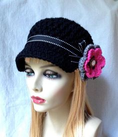 Crochet Newsboy Woman Hat Black Ribbon Flower Hot Pink image 3 Black And Hot Pink, Woman Hat, Crocheted Flower, Gifts For Her Birthday, Pink Images, Ribbon Flower, Crochet Poncho, Black Gift, Ribbon Flowers