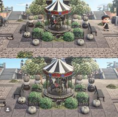 two pictures of an amusement park with pumpkins on the ground and a carousel in the middle