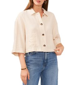 From Vince Camuto&#x2C; this blouse features:Point collar3/4 sleevesButton front closureApprox. 26 " length PolyesterMachine wash /line dry Imported. Crop Button Up Shirt, Cropped Button Up Shirt, Textured Shirt, Button Front Top, Dillard's, Quarter Sleeve, Three Quarter Sleeves, Collar Shirts, Button Up Shirt