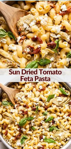 sun dried tomato feta pasta in a pan with wooden spoons