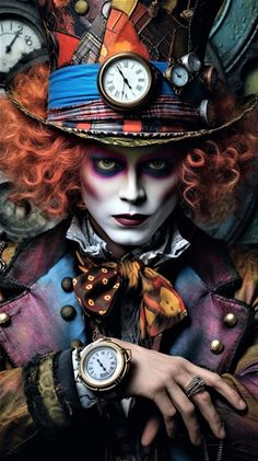 a clown with red hair wearing a hat and holding a clock in his hand while posing for the camera