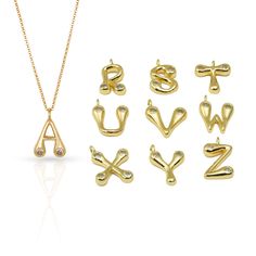 18kt Gold Plated over Brass. Chain measures 16" with 2" Extender. Letters measure approximately 0.75"L / 0.5"- 0.75"W - letter size will vary Gold Initial Necklace With Polished Finish, Gold Initial Necklace With Polished Finish As Gift, Gold Initial Necklace For Anniversary With Polished Finish, Gold Initial Necklace With Polished Finish For Anniversary, Gold Polished 14k Gold Initial Necklace, Gold Sterling Silver Initial Necklace With Polished Finish, Sterling Silver Gold Initial Necklace With Polished Finish, Yellow Gold Initial Necklace With Polished Finish, Bubble Letters