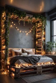 a bedroom decorated with lights and greenery