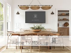 the frame tv mock - up is displayed above a dining room table