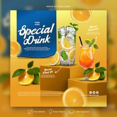 an advertisement for a drink with oranges and lemons on it, in front of a yellow background