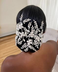 female model wearing wide bridal hair piece with large floral branches of crystal over an updo Wedding Short Hair, Brides Hairstyles, Black Weddings, Vine Jewelry, Bride Head, Classy Hairstyles, Bridal Hair Inspiration, Custom Signature, Bridal Design