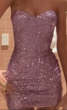 Pink Sparkle Aesthetic Outfit, Light Pink Hoco Dress Glitter, Lavender Sparkly Dress Short, Glittery Purple Dress, Pink Sparkly Party Dress, Purple Glitter Outfit, Sparkly Purple Dress Short, Light Purple Sparkly Dress, Pink Glittery Dress Short