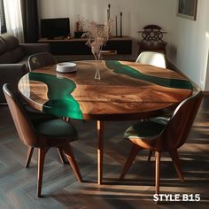 a wooden table with chairs around it and a vase on the table in front of it