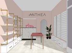 an artist's rendering of a pink room with shelves