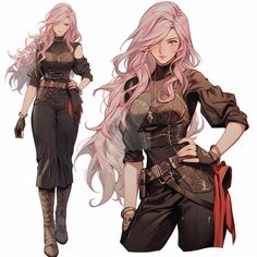 an anime character with long pink hair wearing black clothes and holding her hands on her hips