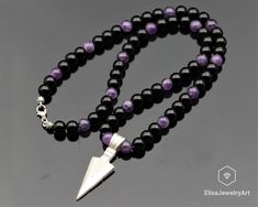 "Calming Necklace 925 Sterling Silver Arrow Head Necklace Natural Amethyst Beads, Onyx Beaded Gemstone Clasp Necklace Christmas Gift -ALL THE PRODUCTS AT ELISAJEWELRYART ARE HANDMADE AND MADE WITH NATURAL BEADS. -WHAT DOES THE AMETHYST STAND FOR The name amethyst translates in Greek to, \"not drunken.\" An ancient Greek myth explains this seemingly odd name. According to the myth, the god Bacchus was angry, and had vowed to descend a hoard of tigers upon the first person who crossed his path. Am Black Amethyst Gemstone Beads Necklace, Black Amethyst Gemstone Beads Jewelry, Black Beaded Amethyst Jewelry, Black Amethyst 8mm Bead Jewelry, Black Amethyst Beads Jewelry 8mm, Arrow Head Necklace, Amethyst Properties, Greek Myth, Silver Arrow