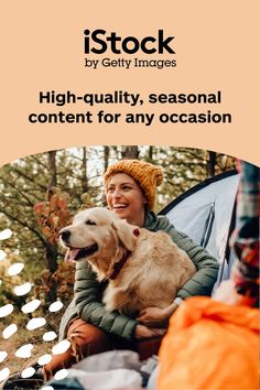 a woman and her dog are camping in the woods with text that reads, stock by ge