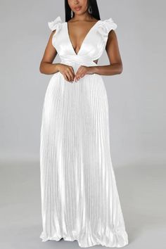 Deep V-neck Backless Lace-up Maxi Dress - S / White White V-neck Free Size Maxi Dress, White Maxi V-neck Party Dress, White Maxi Length V-neck Dress For Summer, White Pleated V-neck Maxi Dress, White V-neck Stretch Maxi Dress, Pleated Sleeves, Hair Accessories Jewelry, Summer Fabrics, Neck Pattern